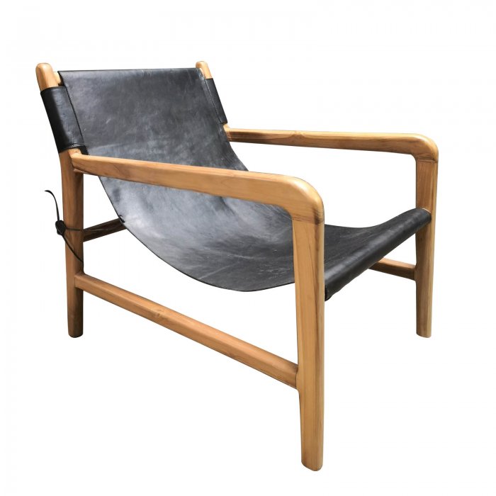 Two Design Lovers teak and black leather low armchair front angle