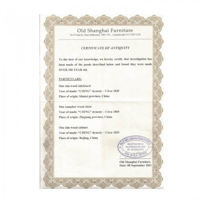 Asian Camphor Wood chest Certificate