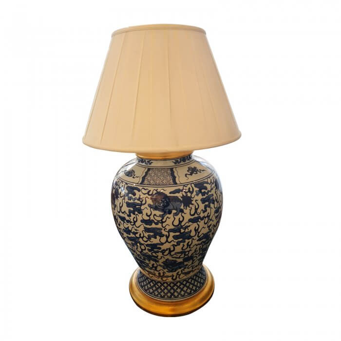 Chinoisserie blue and white ginger jar lamp with white shade