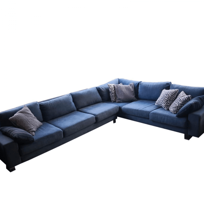 Modular sofa with denim blue fabric