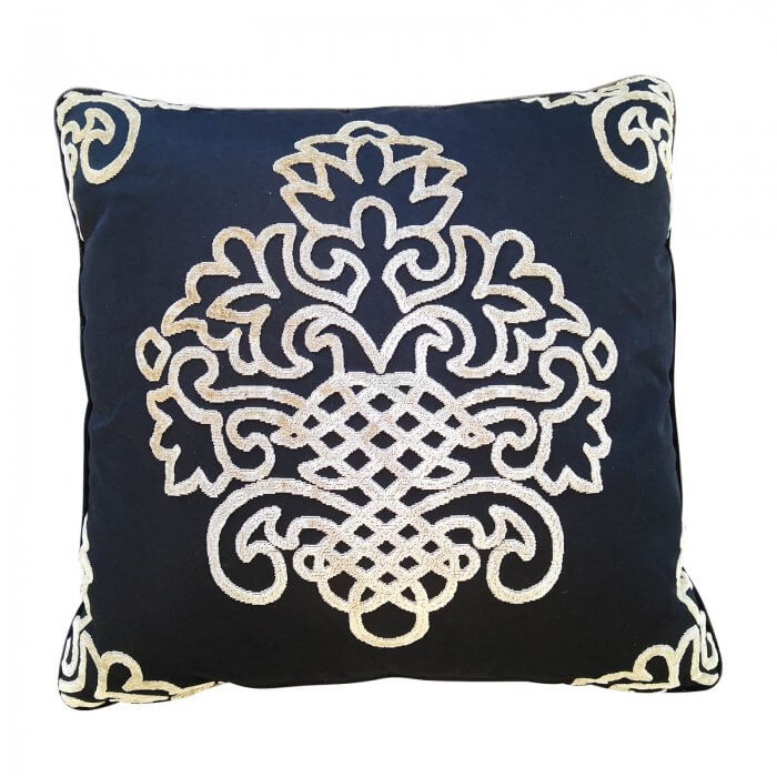 Black velvet cushion with contrast motif