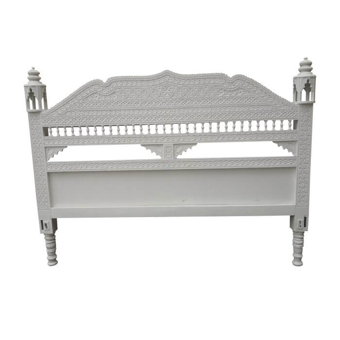 Antique Indian carved bedhead given a contemporary update with white pain finish. Floorstock on sale