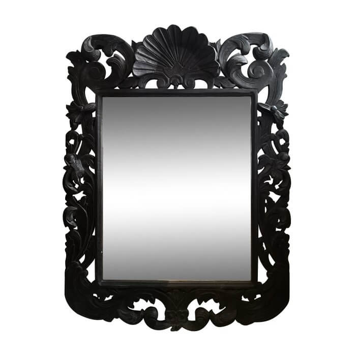 Ornate carved wood mirror in black. Floorstock on sale on Two Design Lovers