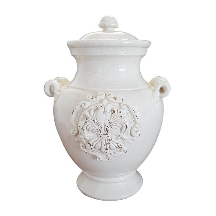 Leona Ceramics lidded antique white vase with handles