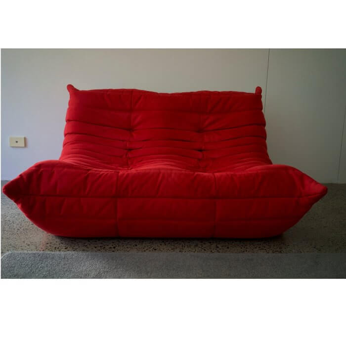 Togo sofa by Ligne Roset in Angel Red alcantara fabric, second hand on Two Design Lovers