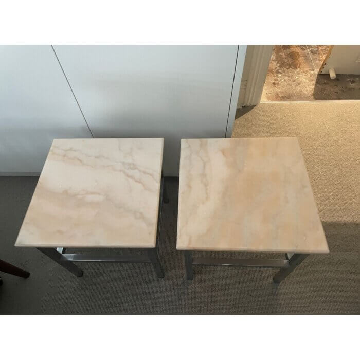 Pink marble topped side tables, pair