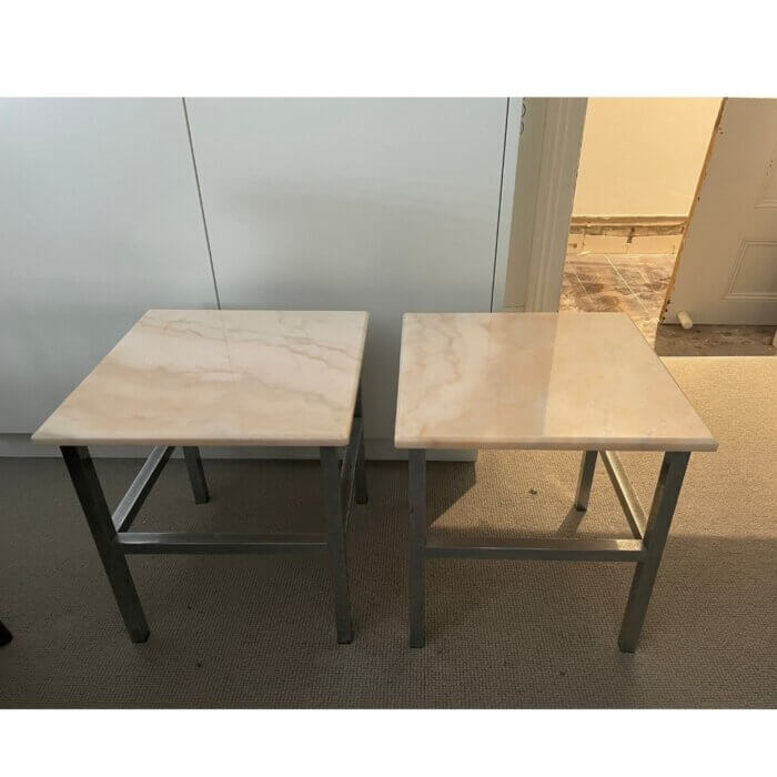 Pink marble topped side tables, pair